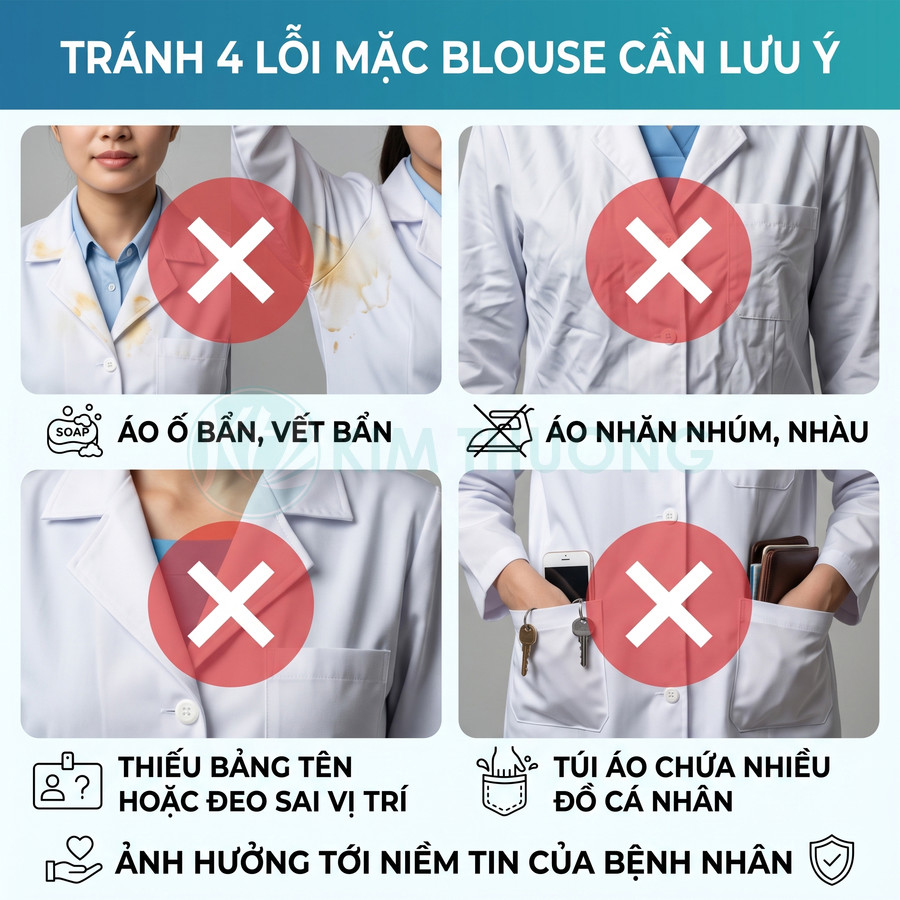 Các lỗi thường gặp khi mặc áo blouse bác sĩ như áo bẩn, nhăn, thiếu bảng tên và túi áo chứa nhiều đồ